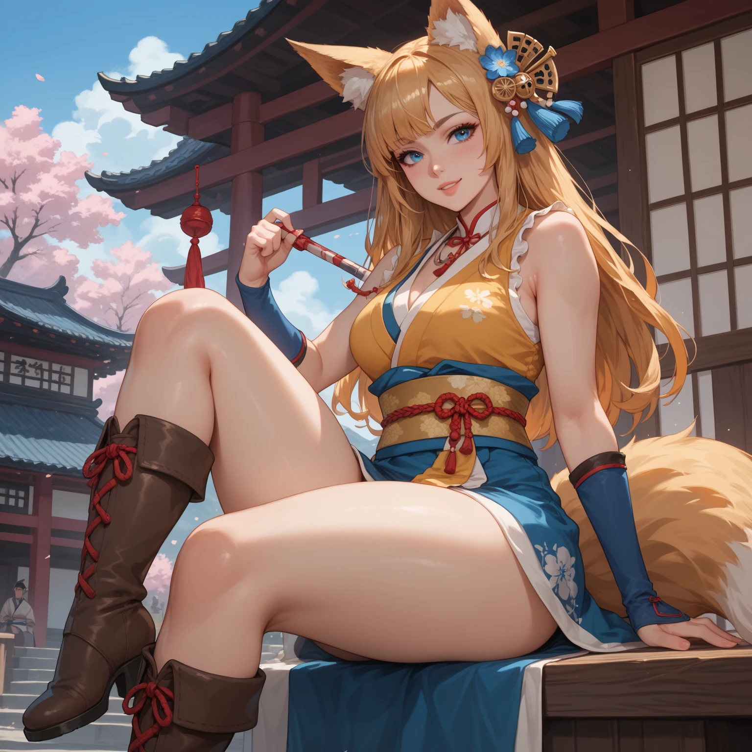 1girl in, yellow eyes, length hair, a blond, sitting on, Red kimono, red japanese clothes,large full breasts, ,Navy blue tights,toppless, Arms behind, hair adornments, Fox tail,animal ear,, Eau,