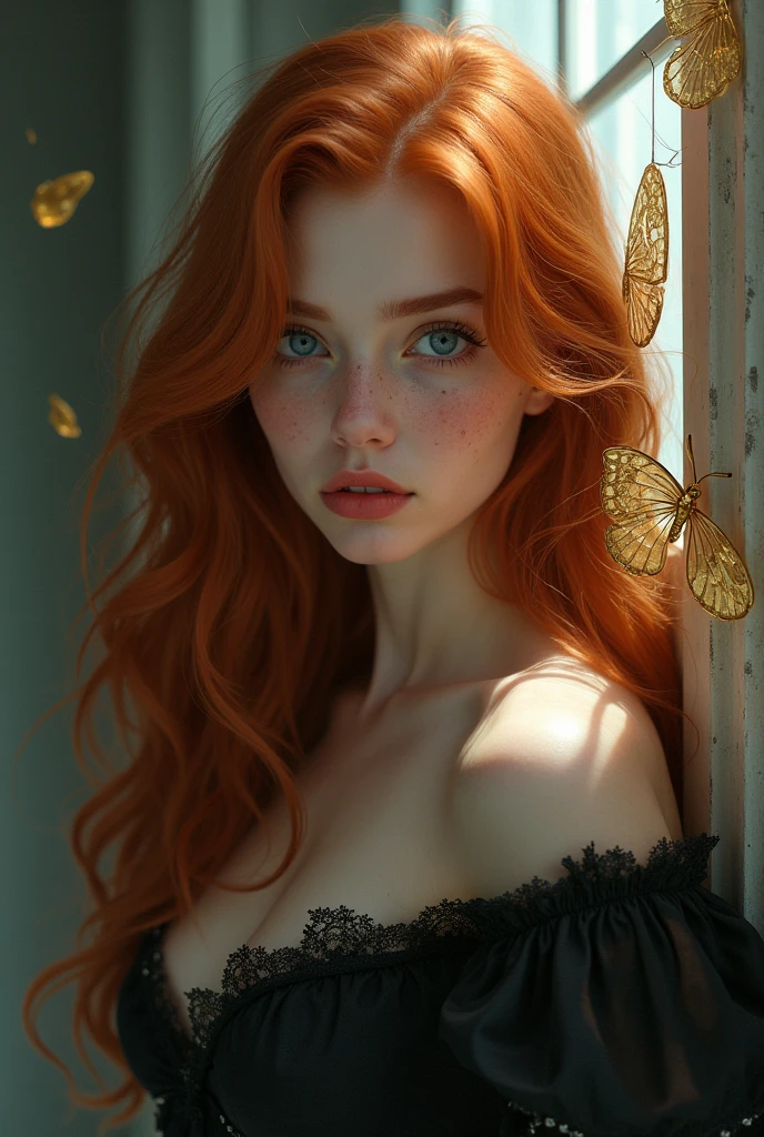 (solo, full body photo:1.3), (action packed:1.3), (haze, fog, mist:1.3), chiaroscuro, best quality, photorealistic, 1woman, (cute), (24yo:1.2), redhead, long ginger hair highly detailed, 1700'S, digital photography, art by artgerm and ruan jia and greg rutkowski surreal painting gold butterfly filigree, broken glass, (masterpiece, sidelighting, finely detailed Fashionable eyes: 1.2) (perfect oval large eyes that gazes at the viewer), beautiful detailed face, blue gorgeous perfect eyes, (blonde hair ponytail), (attractive young woman:1.3), (thick amazing hair), (seductive:1.1), (blushing:1.1)
