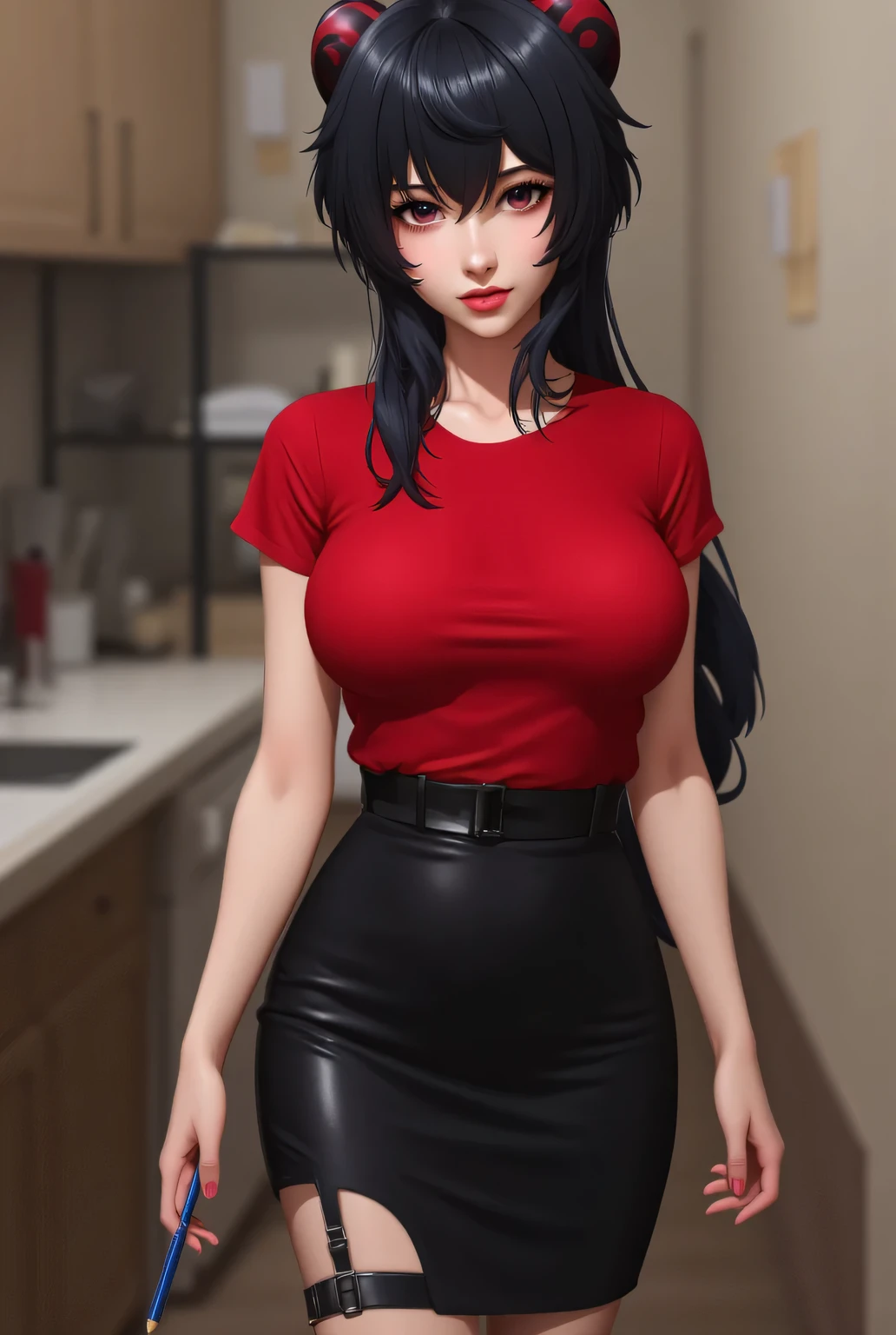 an office lady, standing in the kitchen, facing the camera, seductive face, big , red lips, use a red oversize long t-shirt, using a long pencil skirt of black color,black hair