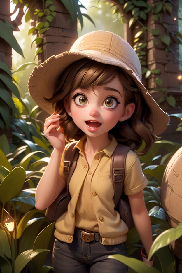 {{A ((vibrant and expressive)) depiction of {a young girl explorer with a curious and adventurous spirit}}} with {((a detailed explorer outfit , including a safari hat , backpack , and map in hand))} . This is a {((Pixar-style 3D animation))}-inspired image that showcases {((her excitement as she discovers an ancient ruin covered in vines))} . The environment/background should be {((a lush , tropical jungle with towering trees , waterfalls , and glowing fireflies))} to create an {((atmospheric , magical , and adventurous mood))} . The image should be in the style of a {((high-quality 3D-rendered character concept))} , incorporating elements of {((Pixar , DreamWorks , and Disney animation))} . The {((medium shot))} , captured with a {((35mm wide-angle lens))} , will provide a {((dynamic , slightly upward perspective to emphasize her wonder))} . The lighting should be {((soft golden sunlight filtering through the trees))} , emphasizing {((her facial expressions and the warm glow of hidden artifacts))} . The desired level of detail is {((high-poly , cinematic quality))} with a {((4K resolution))} , highlighting {((realistic textures , expressive eyes , and stylized proportions))} . The goal is to create a {((captivating , adventurous character illustration))} that mesmerizes viewers with its {((warmth , curiosity , and wonder))} .