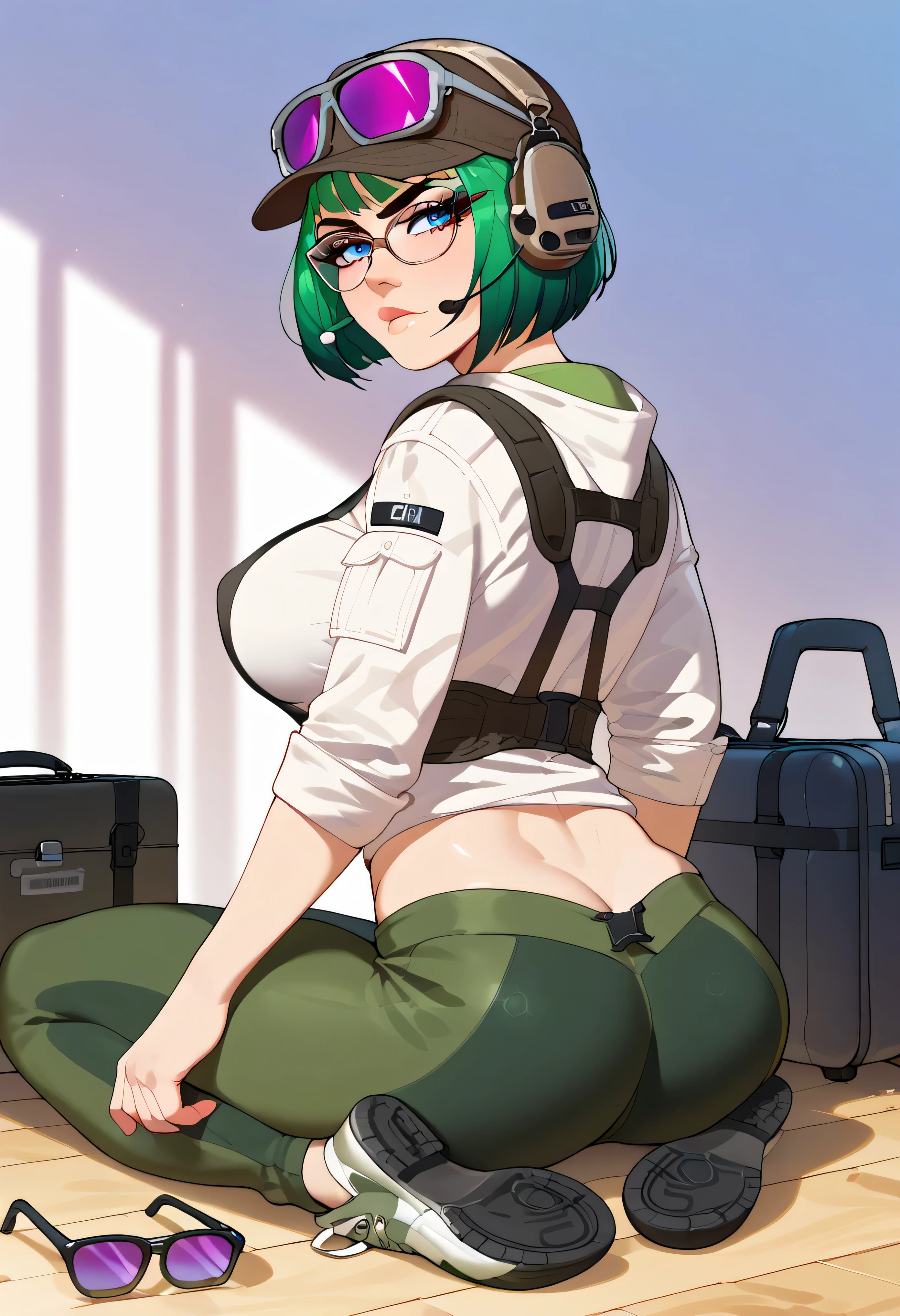 result_9, result_8_higher, one girl shirt, feminine, Alone, result_9, result_8_higher, result_7_higher, result_6_higher, result_5_higher, result_4_higher, break , one girl shirt, Alone, Big Breasts, breasts, _(Rainbow_six_siege), masterpiece, best quality, one girl shirt, Alone, disguising, butt, blue eyes, glasses, Green hair, has , suitcase ظهر, short hair, looks back, Headphone, suitcase, looks at the viewer, sungl buttes, glasses on head, disguising pants, Military, Sitting, lip, shoes, glasses ملونة, hip opening, glasses على الرأس, uniform , The mosque