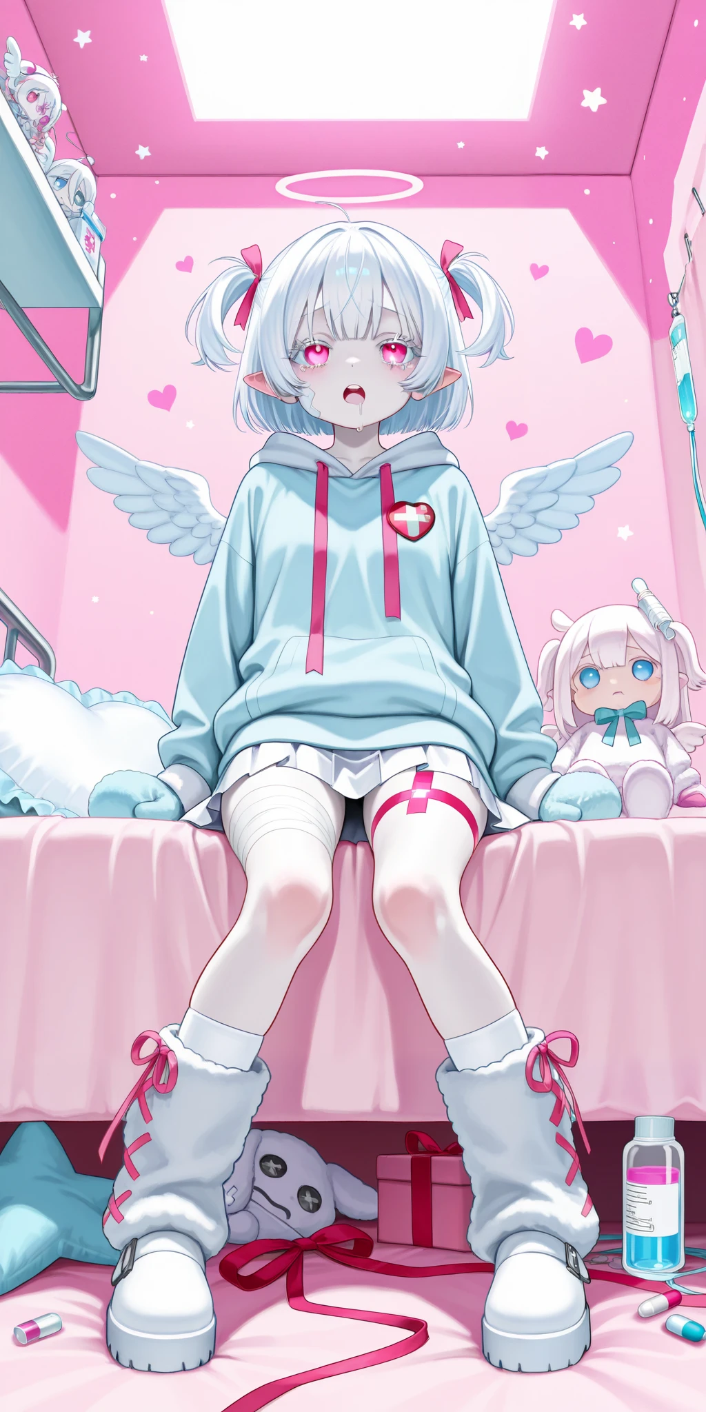 The girl is albino, she has white skin and slightly pointed ears, her eyes are navi blue , and her eyelashes are white. She has short white hair short bob haircut and has small pigtails on the sides of her head. She is wearing a pastel pink/baby-blue/lilac oversized hoodie with long sleeves, white wool mini skirt,pastel pink/baby-blue/lilac and white socks and leggings with a set of badges, white ugg boots,mittens,bandages on the thigh. She belongs to the Yamikawaii subculture, so her outfit is decorated with small bandaged wounded angel wings, symbols of medical crosses, eyeballs, hearts, stars, pills,medical bottles, ampoules with medicines, IV drip with tubes ,models of teeth, band-aids, and toy syringes. On the background: a cute pastel pink/baby-blue/lilac medical ward with medical bed surrounded by plush pillows and open empty gift boxes, ribbons hang from the ceiling. she lies on the bed, drooling and crying.