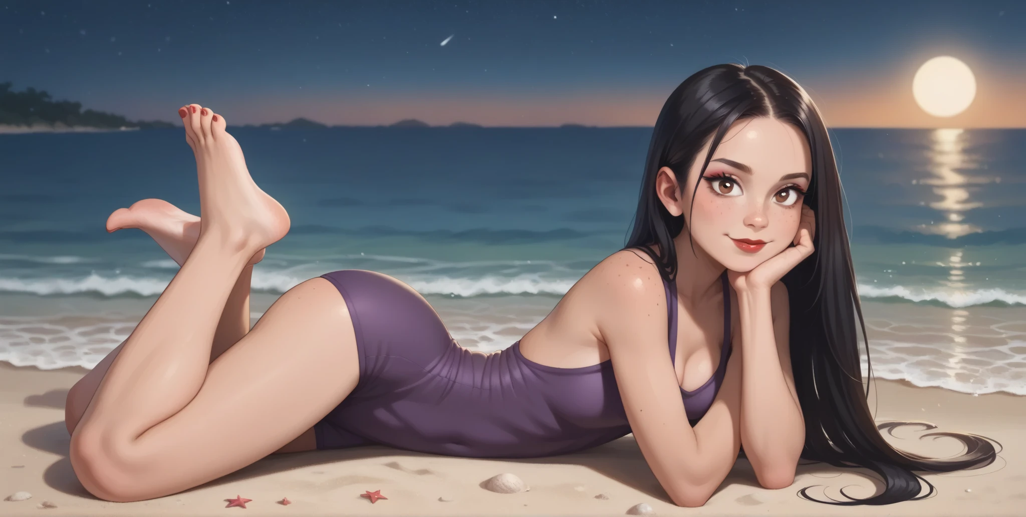 very pale nude ariana grande, young 30 year old woman, smaller breast size, topless, nude, bikini, long straight black hair, hair bangs, single long pony tail, hair framing face, light blue eyes, cinematic natural sun light, organic dust particles in the light, sensual, 4k, look at camera, highly detailed face, close up of face, relaxing, lzing on side, on beach, cocktail, smile, happy, half open mouth, full body picture, sunlight reflecting on skin