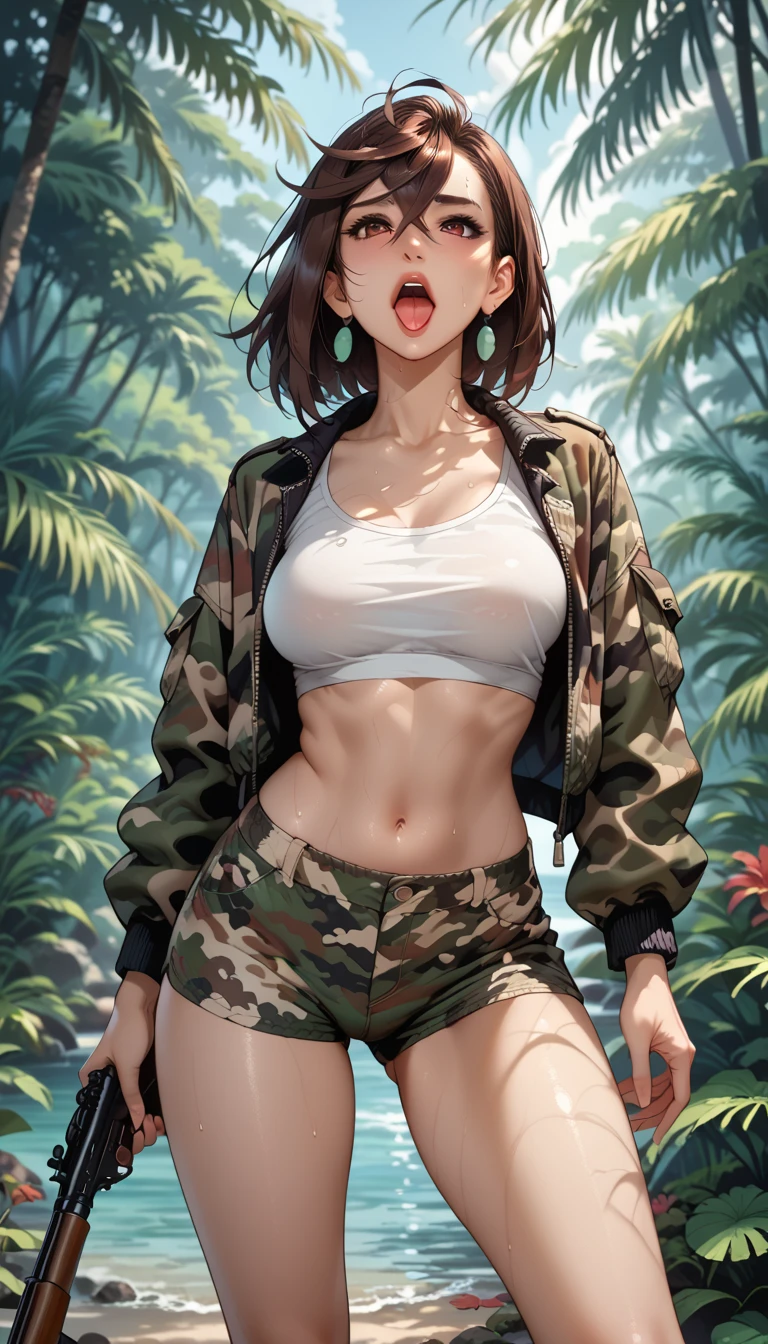 1woman 20 years old, max resolution, sculpted, military, wearing a kevlar helmet, beautiful, perfect body, red hair, blue eyes, perfect body, thin waist, wide hips, large breasts, slim thighs, jungle background, armored vehicle, military robot dog, camouflaged uniform, tight panties, digital camo, two-piece, highly detailed, high resolution, perfect hands, side view, camo, face fully turned to the side to look at the viewer, turn her head to look at the viewer, genuflection kneeling, one knee on ground, one knee up, bare shoulders