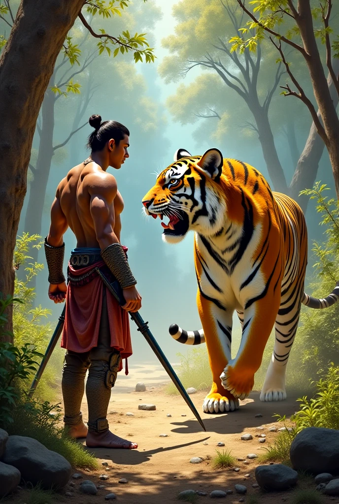 a shaman hmong with big sword fight tiger
