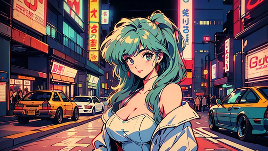 (80's, retro, city pop:1.5), (19 years old Woman), (masterpiece, best quality, intricate detail), (anime, illustration), (pastel colors:1.3), best photo pose, dynamic angle,
girl, solo, smile, perfect detail eyes, (((large breasts))), wearing a leather Jacket with zipper down all the way , nude under the jacket , Jacket covering her breast , Showing cleavage , Triple D cup breast ,Right delicate face, full body shot
City Scenes, night city, tokyo, high fashion,