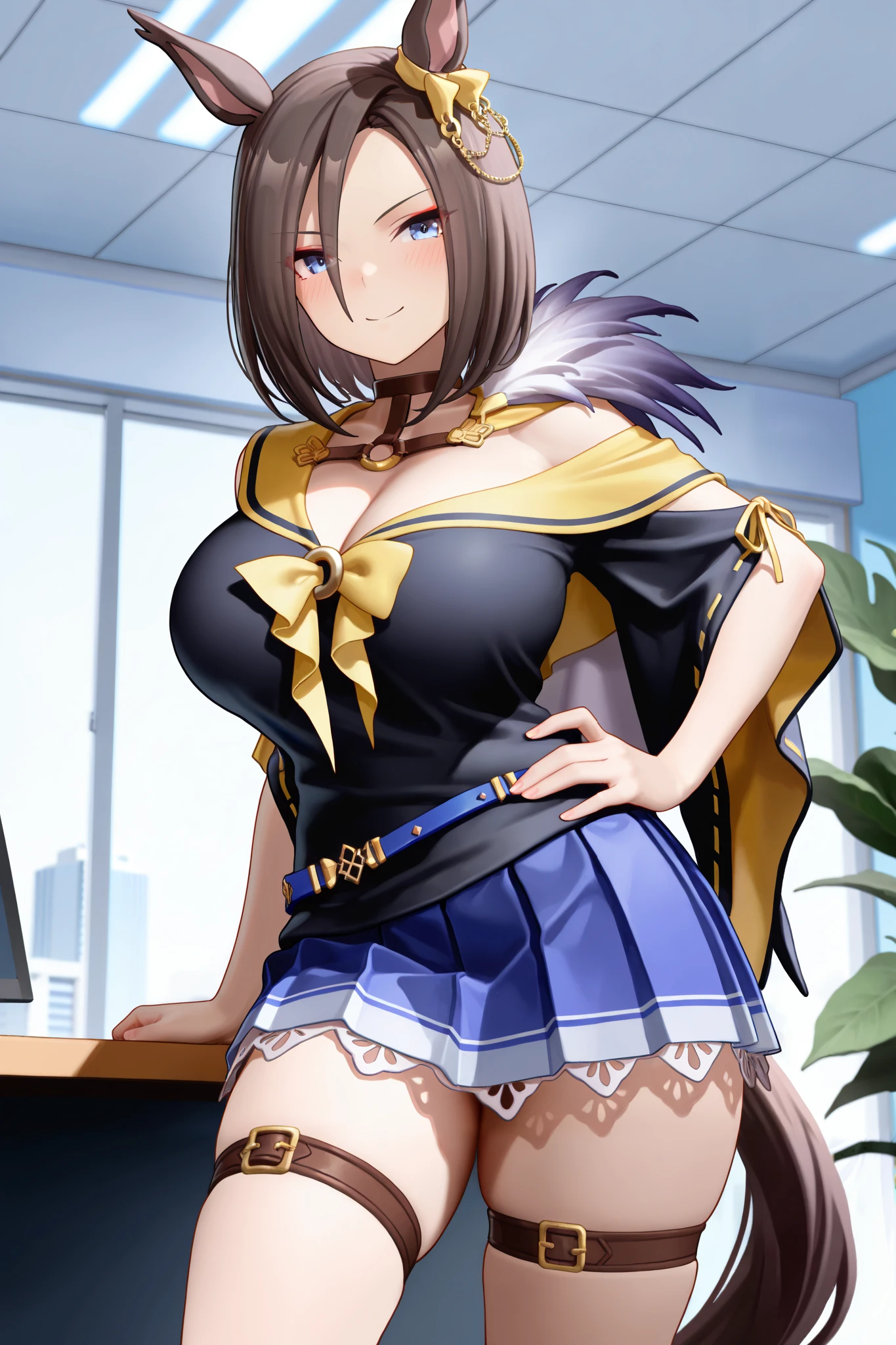 NSFW,masterpiece,Highest quality,high resolution,very detailed,Air Groove (umamusume),black shirt、 yellow sailor collar、Short sleeve、wide sleeve、belt、blue skirt、pleated skirt、thigh strap、choker、exposed shoulders、Chest Valley,smile,Office,machine