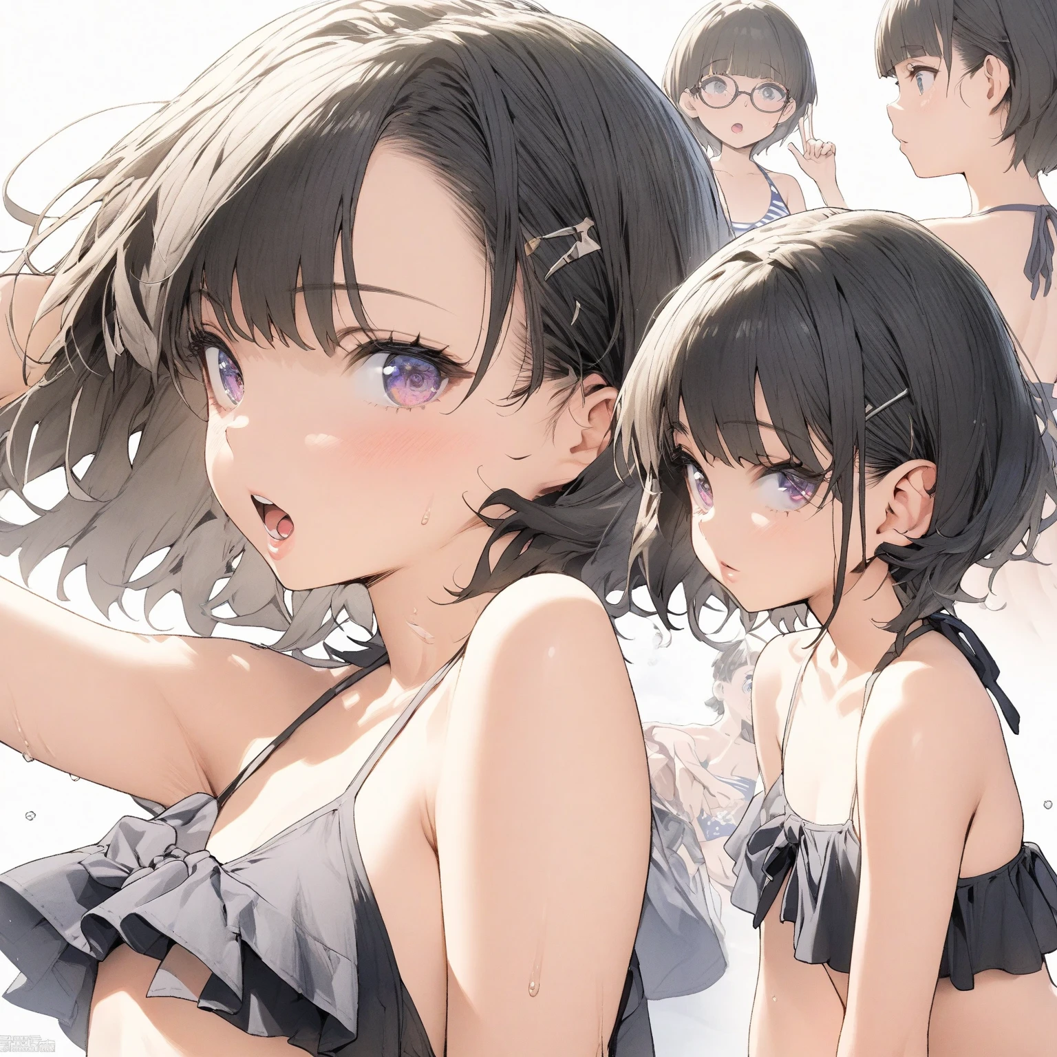 Super detailed, best quality, High resolution, Moe anime, ((((Three cute  girls with black hair are hugging each other while wearing large glasses with round, thin frames.)))), (baby fig eyes:1.5, drooping eyes:1.2)), dark blue eyes, cute eyes, detailed eye description, brilliance of eyes, view audience, pale skin, ((())), NSFW, focus on the face, ((bust shot)), ((Naked frilly bikini)), Navel exposed, bare shoulders, Skirt-lift, Shirt-lift, ((small breasts)), at the pool, From above, sitting