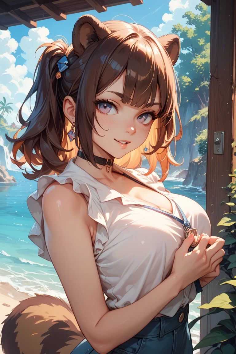 Highest quality, masterpiece, High resolution, alone, {White Dew_Fleet Collection:1.15}, brown_hair, brown_eye, hairband, red_hairband, smile, hair_flap, length_hair, red面, Open_mouth, short_hair, hair_between_eye, chest