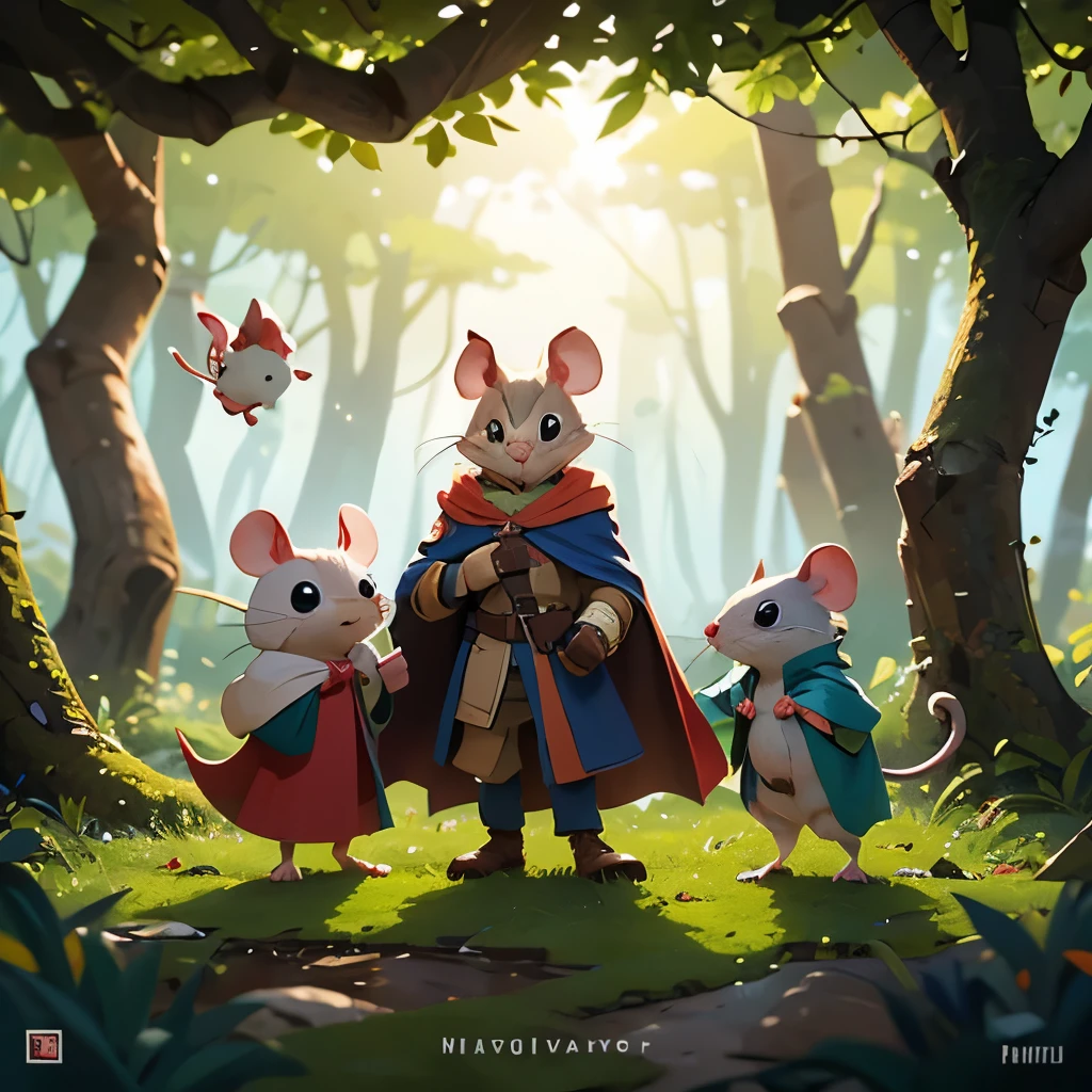 Perched on a thick, moss-covered branch, three brave mice embark on a whimsical adventure, each adorned in miniature attire that showcases their unique personalities. The first mouse, wielding a sword and clad in a vibrant red cloak, appears to lead the way with determination, while the second mouse, dressed in a flowing blue cape, gestures with an expression of excitement, as if sharing a bold idea. The third mouse, wearing a makeshift shield fashioned from a carrot, stands confidently at the front, ready to face the challenges ahead. Set against a backdrop of softly muted colors and delicate, intertwining branches, the scene evokes a sense of camaraderie and courage, illustrating a playful yet daring narrative in a fantastical woodland world.