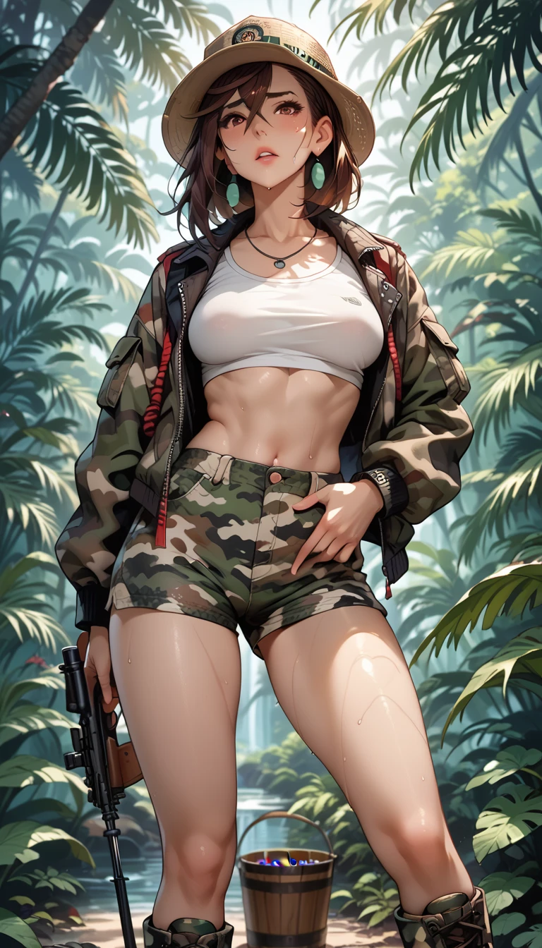 1woman 20 years old, max resolution, sculpted, military, wearing a soldier helmet, beautiful, perfect body, red hair, blue eyes, perfect body, thin waist, wide hips, large breasts, slim thighs, jungle background, armored vehicle, military robot dog, camouflaged uniform, tight panties, digital camo, two-piece, highly detailed, high resolution, perfect hands, side view, camo, face fully turned to the side to look at the viewer, turn her head to look at the viewer, genuflection kneeling, one knee on ground, one knee up, bare shoulders