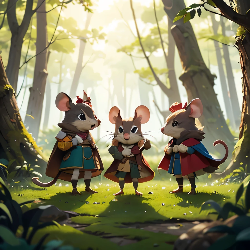 Perched on a thick, moss-covered branch, three brave mice embark on a whimsical adventure, each adorned in miniature attire that showcases their unique personalities. The first mouse, wielding a sword and clad in a vibrant red cloak, appears to lead the way with determination, while the second mouse, dressed in a flowing blue cape, gestures with an expression of excitement, as if sharing a bold idea. The third mouse, wearing a makeshift shield fashioned from a carrot, stands confidently at the front, ready to face the challenges ahead. Set against a backdrop of softly muted colors and delicate, intertwining branches, the scene evokes a sense of camaraderie and courage, illustrating a playful yet daring narrative in a fantastical woodland world.