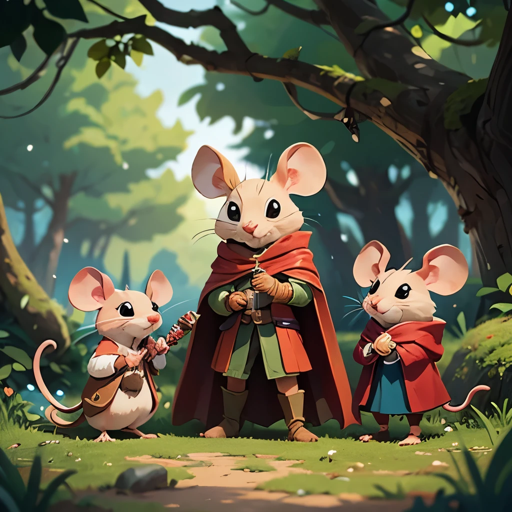 Perched on a thick, moss-covered branch, three brave mice embark on a whimsical adventure, each adorned in miniature attire that showcases their unique personalities. The first mouse, wielding a sword and clad in a vibrant red cloak, appears to lead the way with determination, while the second mouse, dressed in a flowing blue cape, gestures with an expression of excitement, as if sharing a bold idea. The third mouse, wearing a makeshift shield fashioned from a carrot, stands confidently at the front, ready to face the challenges ahead. Set against a backdrop of softly muted colors and delicate, intertwining branches, the scene evokes a sense of camaraderie and courage, illustrating a playful yet daring narrative in a fantastical woodland world.