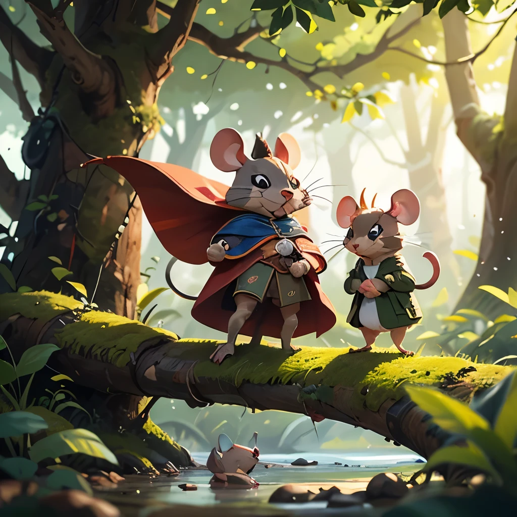 Perched on a thick, moss-covered branch, three brave mice embark on a whimsical adventure, each adorned in miniature attire that showcases their unique personalities. The first mouse, wielding a sword and clad in a vibrant red cloak, appears to lead the way with determination, while the second mouse, dressed in a flowing blue cape, gestures with an expression of excitement, as if sharing a bold idea. The third mouse, wearing a makeshift shield fashioned from a carrot, stands confidently at the front, ready to face the challenges ahead. Set against a backdrop of softly muted colors and delicate, intertwining branches, the scene evokes a sense of camaraderie and courage, illustrating a playful yet daring narrative in a fantastical woodland world.