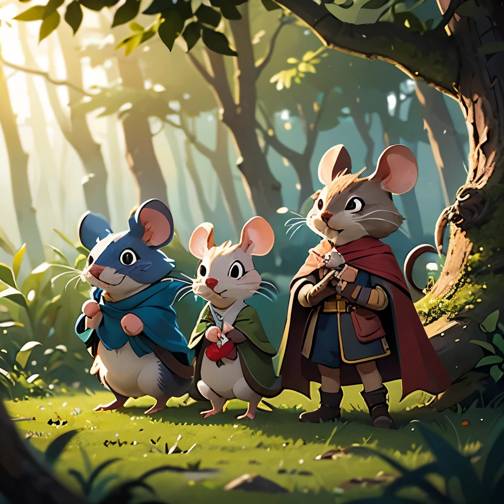 Perched on a thick, moss-covered branch, three brave mice embark on a whimsical adventure, each adorned in miniature attire that showcases their unique personalities. The first mouse, wielding a sword and clad in a vibrant red cloak, appears to lead the way with determination, while the second mouse, dressed in a flowing blue cape, gestures with an expression of excitement, as if sharing a bold idea. The third mouse, wearing a makeshift shield fashioned from a carrot, stands confidently at the front, ready to face the challenges ahead. Set against a backdrop of softly muted colors and delicate, intertwining branches, the scene evokes a sense of camaraderie and courage, illustrating a playful yet daring narrative in a fantastical woodland world.