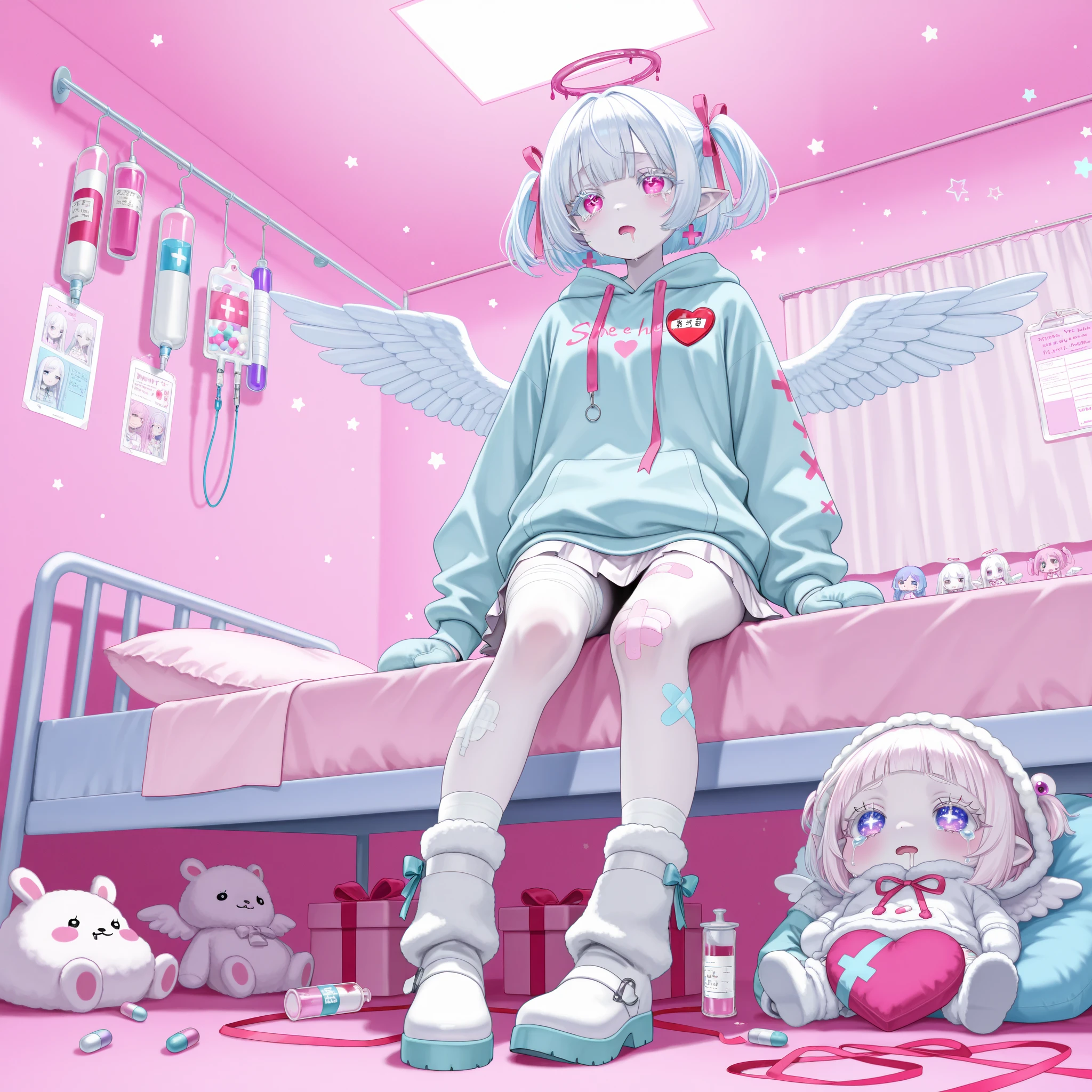 The girl is albino, she has white skin and slightly pointed ears, her eyes are indigo blue , and her eyelashes are white. She has short white hair short bob haircut and has small pigtails on the sides of her head. She is wearing a pastel pink/baby-blue/lilac oversized hoodie with long sleeves, white wool mini skirt,pastel pink/baby-blue/lilac and white socks and leggings with a set of badges, white ugg boots,mittens,bandages on the thigh.  She belongs to the Yamikawaii subculture, so her outfit is decorated with small bandaged wounded angel wings, symbols of medical crosses, eyeballs, hearts, stars, pills,medical bottles, ampoules with medicines, IV drip with tubes , dental models, band-aids, and toy syringes. On the background: a cute pastel pink/baby-blue/lilac medical ward with medical bed surrounded by plush pillows and open empty gift boxes, ribbons hang from the ceiling. she lies on the bed, drooling and crying.