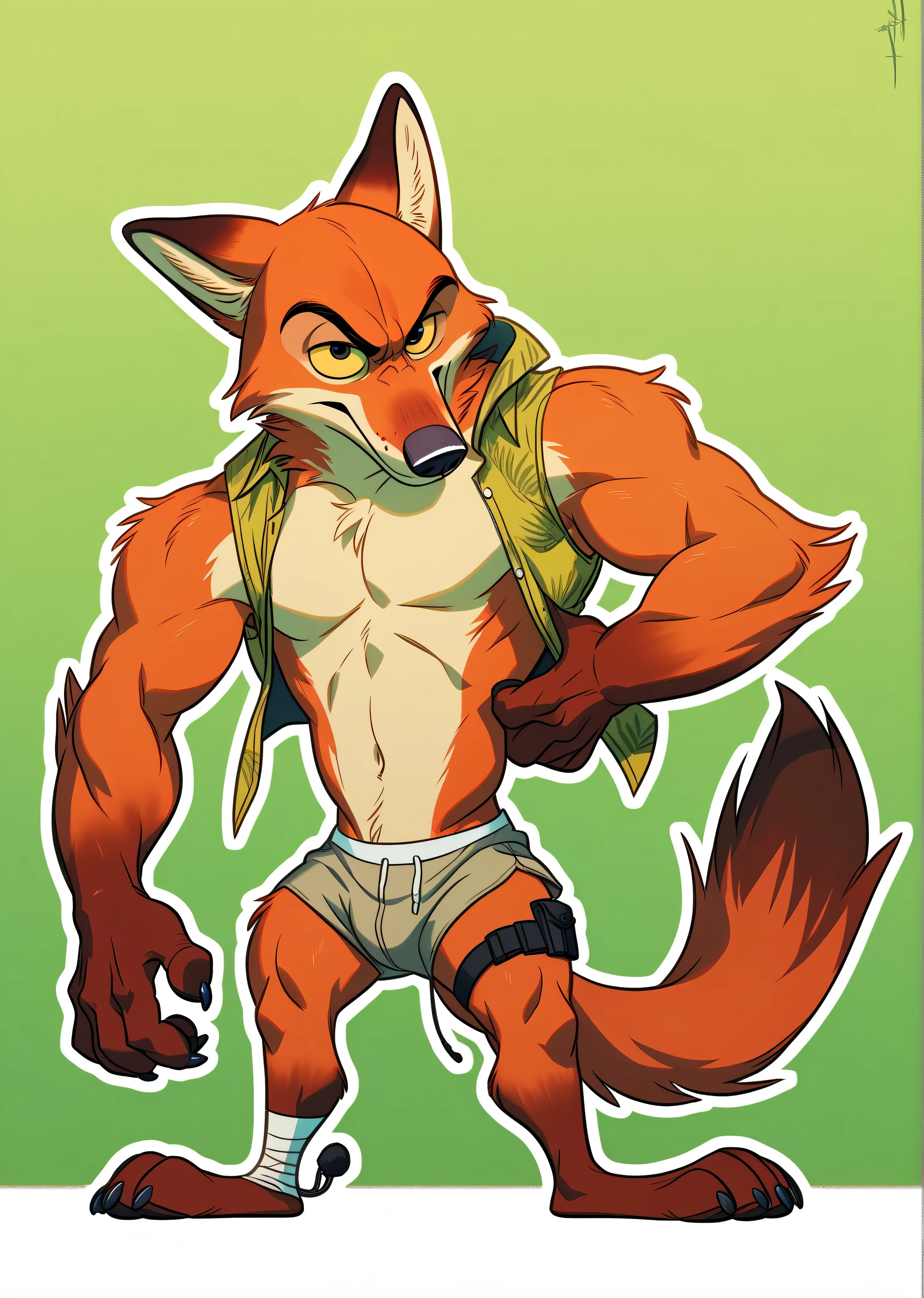 NickWilde fox brown eyes, yellow sclera, solo, detailed, detailed face, black eyes, anthro body, male, adult, muscular, cartoon shading, cel shaded:1.0, flat colors, (no background, white background):1.5, shirtless, wfa style, negger style, cartoony anatomy, above waist, looking at viewer, posing, smile put angry face