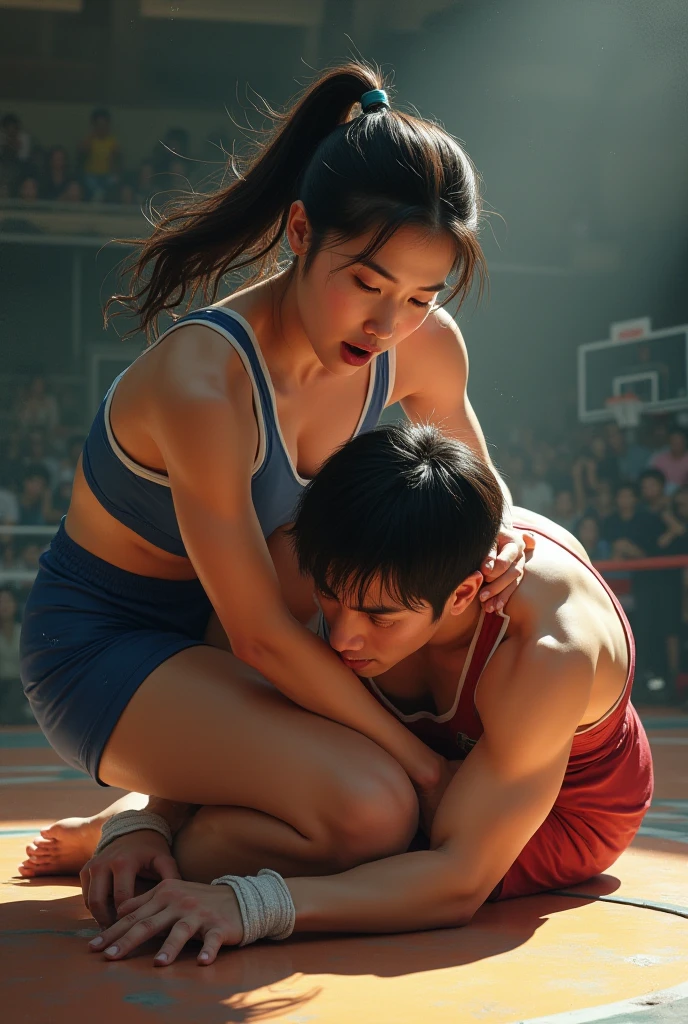 (8k, Realistic, RAW Photos,Highest quality: 1.4),A professional wrestling match between a giant male wrestler and a female wrestler,The female wrestler is 22 years old.Slim and busty Japanese,Beautiful short hair,The shiny white and blue costume accentuates her curves.
The male wrestler grabs her both legs with both hands, respectively, and throws her on her back onto the mat.Furthermore, she spreads both of her legs wide to the left and right,Her hip felt like it was going to split,
Unable to bear the intense pain in her hip joint, she closes her eyes and screams loudly.She is reaching out with both hands, pleading for help,The costume reveals the shape of her nipples,The male wrestler is further stepping on her hip joints,