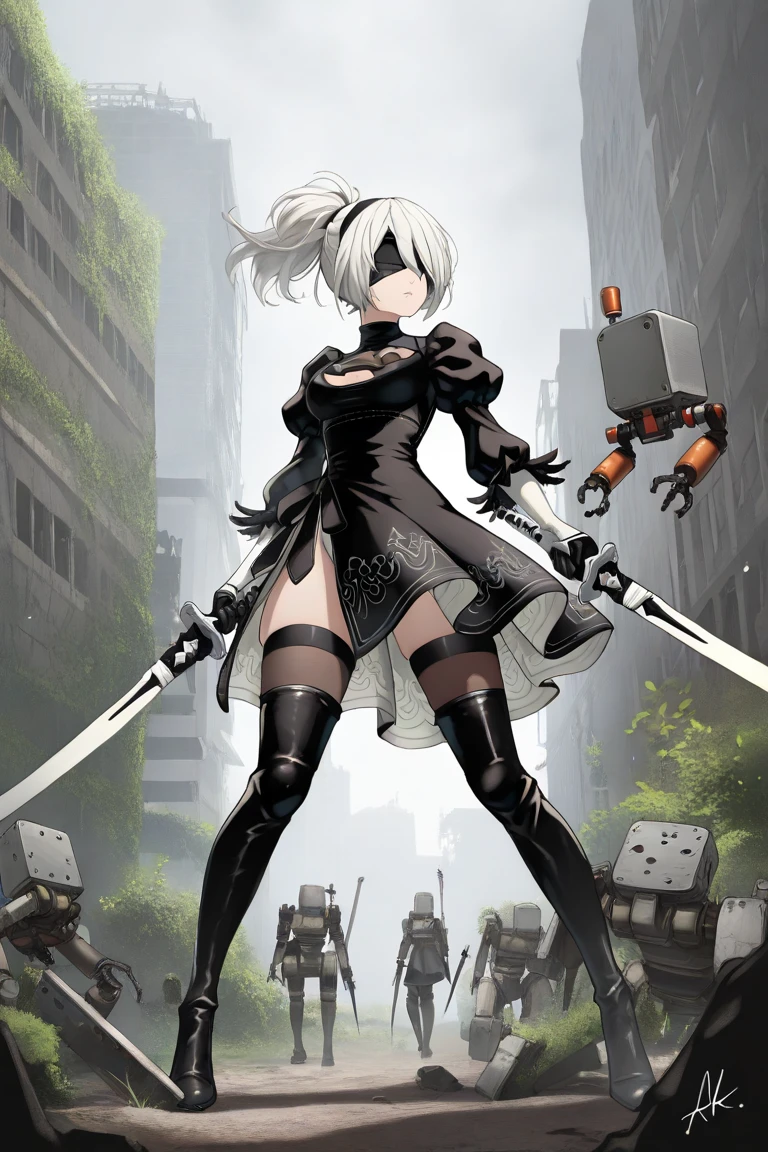 inbox\(ttp\), (8k, RAW photo, best quality, masterpiece:1.2), (realistic, photo-realistic:1.37), full body, ((in a toy box with window)), red box, ruins for background
tall girl, 2B Nier Automata, yorha no. 2 type b, solo, bob cut, blue eyes, (white hair:1.3), parted lips, lips, smile, breasts, mole under mouth, medium breasts, juliet sleeves, puffy sleeves, cleavage cutout, black hairband, black thighhighs, white gloves, turtleneck, bangs, feather trim, feather-trimmed sleeves, covered navel, long legs, (pod drone),
(katana sword:1.2),(black blindfold:2),(side split skirt, black skirt :1.2), white high cut underwear,
<lyco:inboxgirl_V2.1_loha-000022:0.66>, <lora:yorha_noDOT_2_type_b:1>
