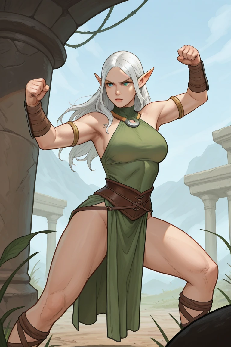 score_9, score_8_up, score_7_up, score_6_up, rating_safe, 1girl, elf, long hair, looking at viewer, d3c4y, overgrown, cowboy shot, ruins, plants, waterfall, ruins