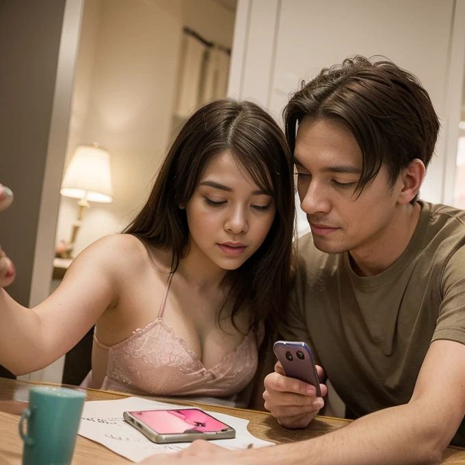 A realistic photo of a man and a woman sitting on a bed, both holding smartphones. The woman has long hair with bangs and a slightly distressed expression while looking at her smartphone. The man has short hair, slightly messy, scratching his head with a confused expression while looking at his smartphone. The setting is in a simple bedroom, resembling a hotel room. Both characters are depicted with their upper bodies visible, with the woman being topless. The scene should be intimate and in a natural, candid style.
