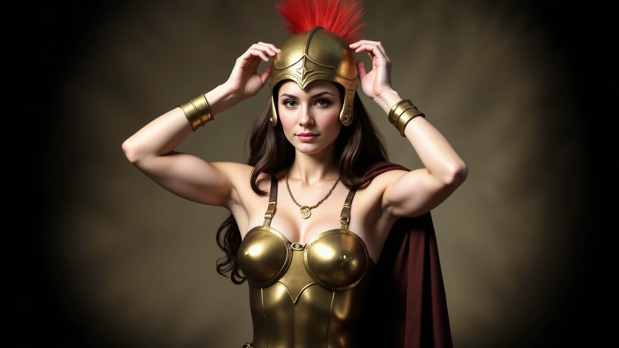 A fair-skinned brunette amazon warrior with an athletic build, wearing golden bronze armor. She has brown hair, a brown leather skirt, and a hazelnut-colored leather belt. She is holding an Athenian bronze helmet with a red crest above her head with both hands, as if putting it on. Athletic body, round breasts, bronze cup squeezing the big breasts.