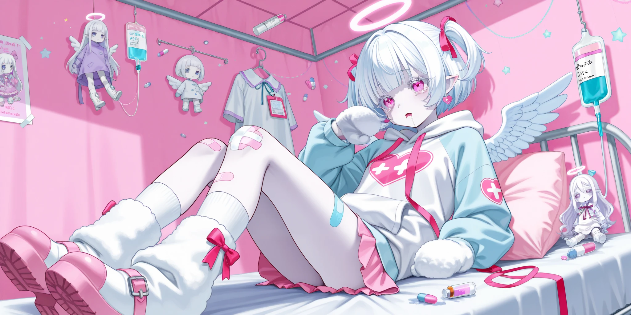 The girl is albino, she has white skin and slightly pointed ears, her eyes are indigo blue , and her eyelashes are white. She has short white hair short bob haircut and has small pigtails on the sides of her head. She is wearing a pastel pink/baby-blue/lilac oversized hoodie with long sleeves, white wool mini skirt,pastel pink/baby-blue/lilac and white socks and leggings with a set of badges, white ugg boots,mittens,bandages on the thigh. She belongs to the Yamikawaii subculture, so her outfit is decorated with small bandaged wounded angel wings, symbols of medical crosses, eyeballs, hearts, stars, pills,medical bottles, ampoules with medicines, IV drip with tubes , dental models, band-aids, and toy syringes. On the background: a cute pastel pink/baby-blue/lilac medical ward with medical bed surrounded by plush pillows and open empty gift boxes, ribbons hang from the ceiling. she lies on the bed, drooling and crying.