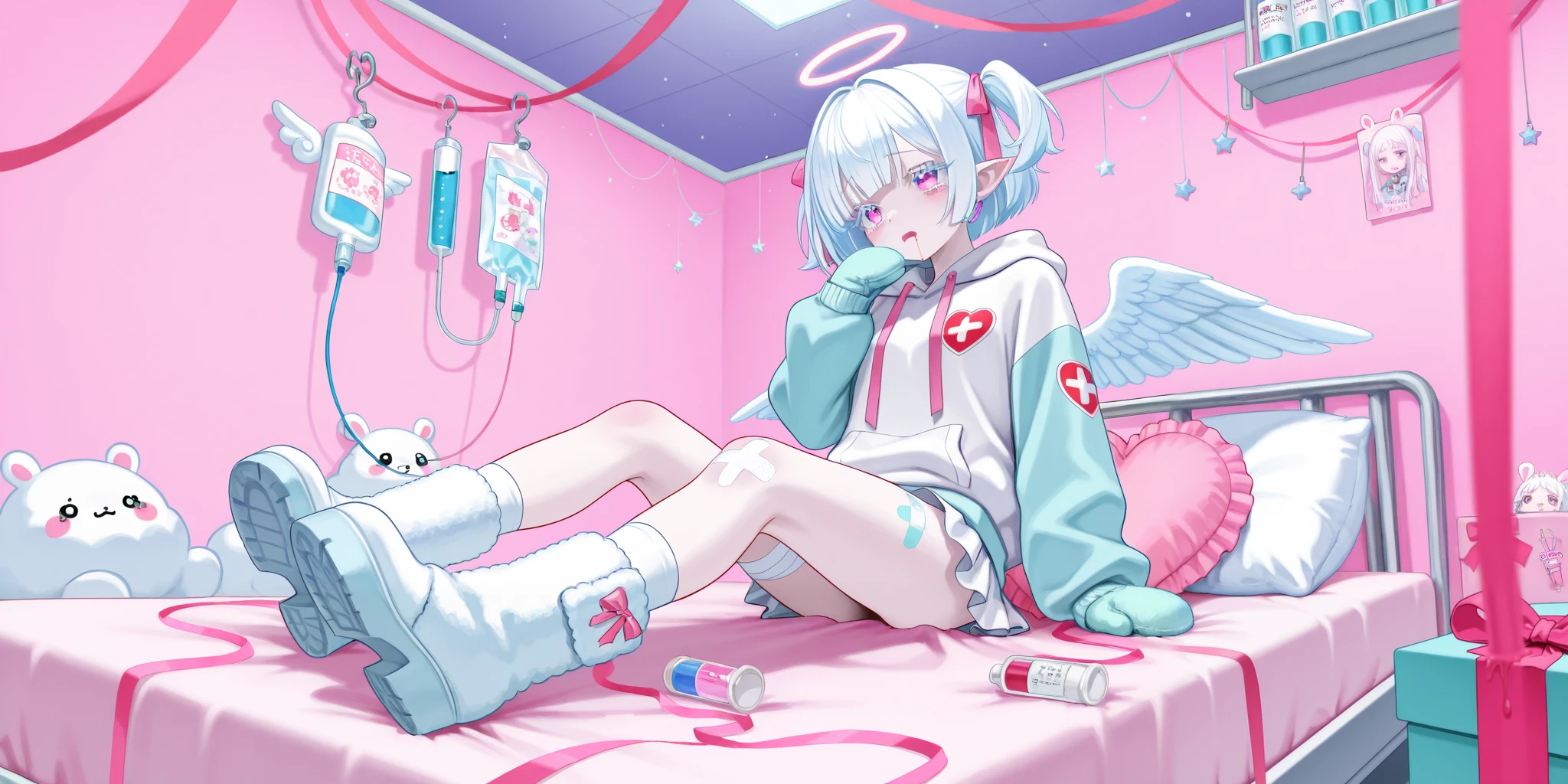 The girl is albino, she has white skin and slightly pointed ears, her eyes are indigo blue , and her eyelashes are white. She has short white hair short bob haircut and has small pigtails on the sides of her head. She is wearing a pastel pink/baby-blue/lilac oversized hoodie with long sleeves, white wool mini skirt,pastel pink/baby-blue/lilac and white socks and leggings with a set of badges, white ugg boots,mittens,bandages on the thigh. She belongs to the Yamikawaii subculture, so her outfit is decorated with small bandaged wounded angel wings, symbols of medical crosses, eyeballs, hearts, stars, pills,medical bottles, ampoules with medicines, IV drip with tubes , dental models, band-aids, and toy syringes. On the background: a cute pastel pink/baby-blue/lilac medical ward with medical bed surrounded by plush pillows and open empty gift boxes, ribbons hang from the ceiling. she lies on the bed, drooling and crying.