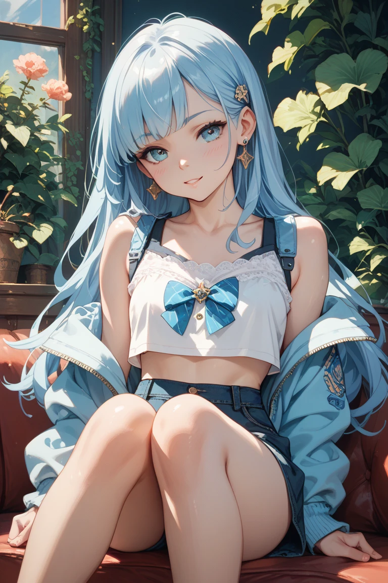 Best Quality,High resolution,8k,(plain white background, no patterns, no textures, just a plain white background:1.3),Masterpiece:1.2),beautiful girl,Shiny light blue hair,messy hair,Light blue eyes,Gentle look,A refreshing look,smile,Best quality,Best Quality,Aesthetic and aesthetic:1.2,Best details((Super detailed))(High-definition CG illustrations),Slender body,smile,blush,cute,Scrounge,Looking up,Being spoiled,off shoulder, paired with pre-ripped jeans, colorful cotton fabric with a subtle pattern, casual sneakers with a pop of color, Accessories include a playful pendant necklace and colorful stud earrings, super model