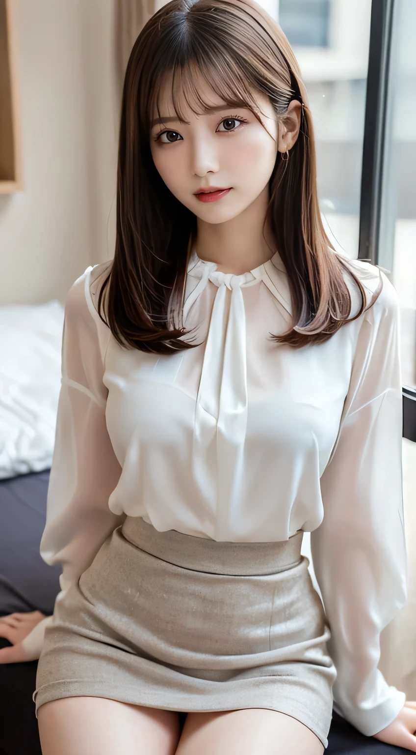 (beautiful girl、cute face、Staring at Viewers:1.3)、top quality,8K image、 perfect double eyelids、happy、natural color makeup、Moist lips、white skin、(straight hair、medium hair、straight hair, Strongly Blurred White Background :1.3),Well-Shaped Breasts、(Sexy blouse、sexy long skirt、masturbation、ORGANISM、thin waist、composition from the front、thin thighs:1.4),bedroom