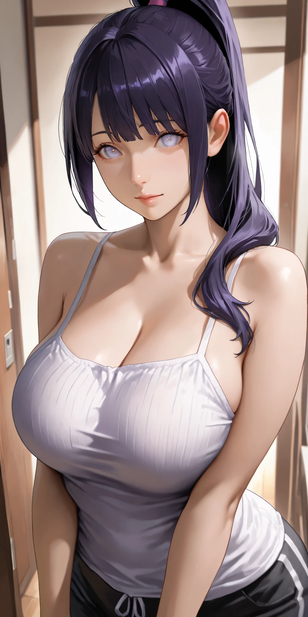 Masterpiece, high definition, high quality, detailed face, detailed body limb rendering, 1girl, solo, Hinata Hinata, Hinata sleeveless clothing, room,, sleeveless shirt, fishnet garment, dark lips, unzipped jacket, no bra, breasts out, standing, blush, , stockings, transparency
