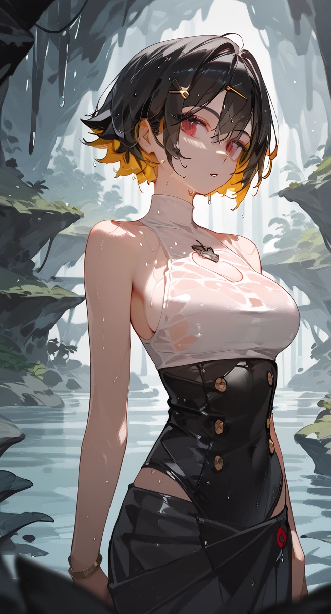 masterpiece, highest quality, Nathan, Multicolored Hair, Green Capellet, Black Shirt, Long sleeve, abdomen, belt, Orange shorts, Big Breasts, On all fours, From above, smile, Flowers, blush