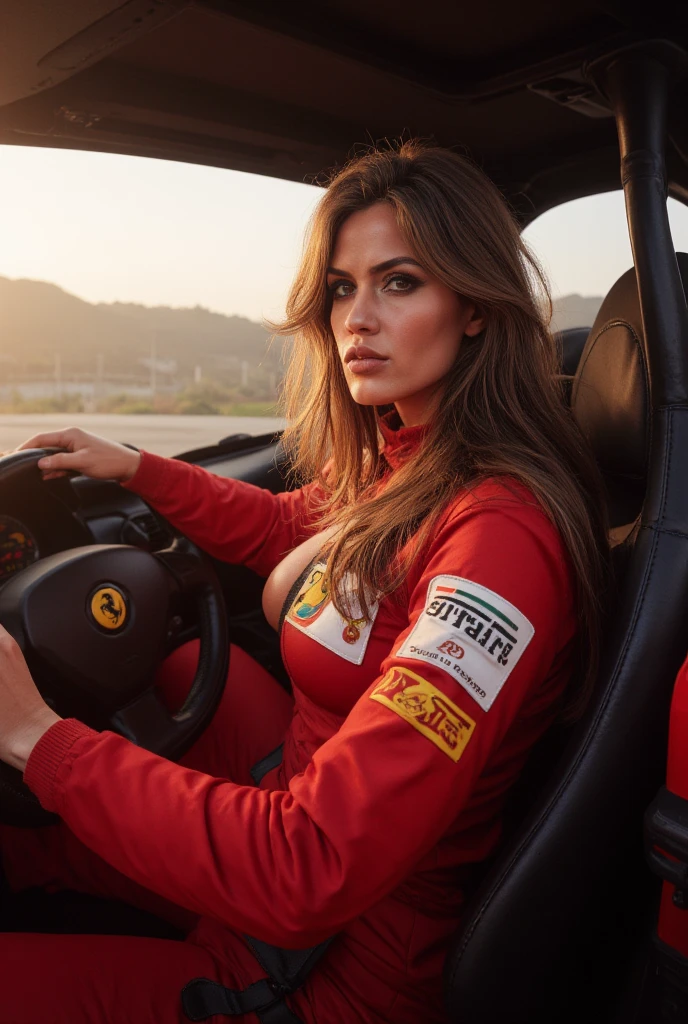 a beautiful girl, elegantly dressed, posing like a model, wearing sunglasses and a cap, sitting in a red ferrari, cinematic lighting, highly detailed, photorealistic, masterpiece, 8k, cinematic composition, dynamic pose, flawless skin, elegant fashion, luxury sports car, beautiful scenery, dramatic lighting, vibrant colors, intricate details, professional photography