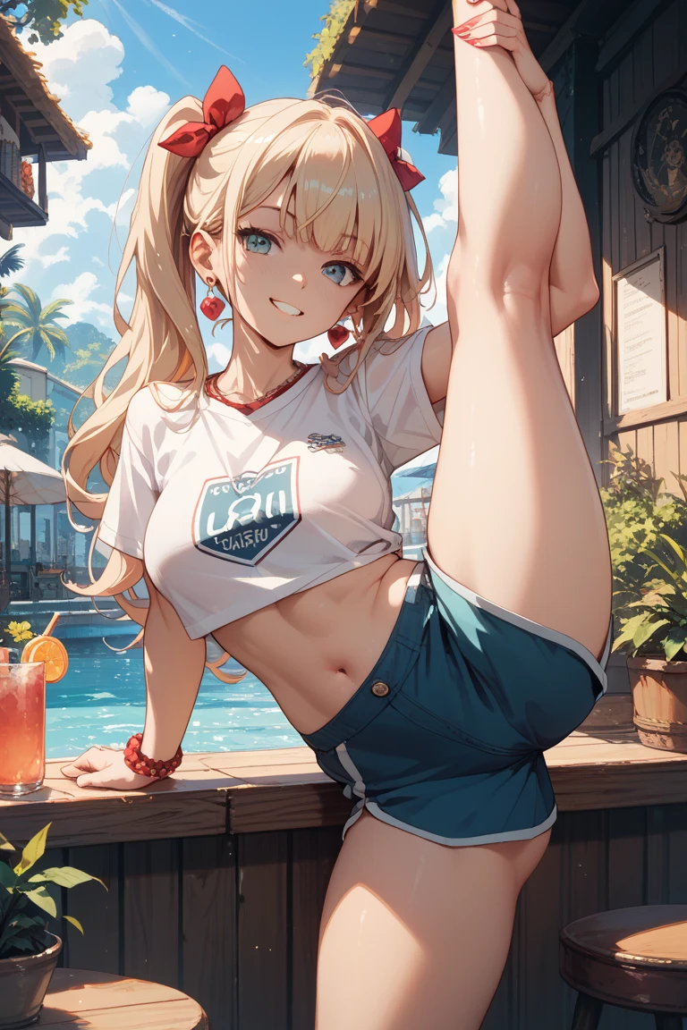 (nsfw:0.7),(RED Ribbon on HAIRband:1.2),female , small breasts, ponytail, Blonde hair, RED eyes, squatting, peeing, golden shower, camisole, classroom, cameltoe, spread legs, window, blue sky, wet, denim shorts, cameltoe, sunlight, smile, red shirt, groin, jewelry, grin
