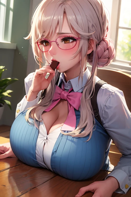 blush, smileglowing aura, natural light, masterpiece,  glossy skin, juicy lips , ,sexy, hot, , cleavage, evil,juicy lips, bimbo, hour glass, blonde hair,  wide eyes, green eyes, massive , dark lighting, long hair, pink bow, oversized jumper, platform shoes, bow in hair, golden round glasses, sandy blonde hair, bimbo, cute, evil smile, no hair on forehead, no fringe, juicy lips, cowboy shot, sitting down on bench, pink fluffy scarf, white coat, hair clip, coffee, looking up, from above, steam from coffee, park, winter, black miniskirt, tights, (((coat))), ((boob)), nipple, tits
