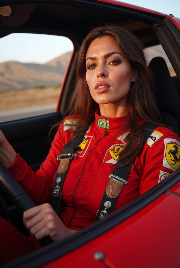 a beautiful girl, elegantly dressed, posing like a model, wearing sunglasses and a cap, sitting in a red ferrari, cinematic lighting, highly detailed, photorealistic, masterpiece, 8k, cinematic composition, dynamic pose, flawless skin, elegant fashion, luxury sports car, beautiful scenery, dramatic lighting, vibrant colors, intricate details, professional photography