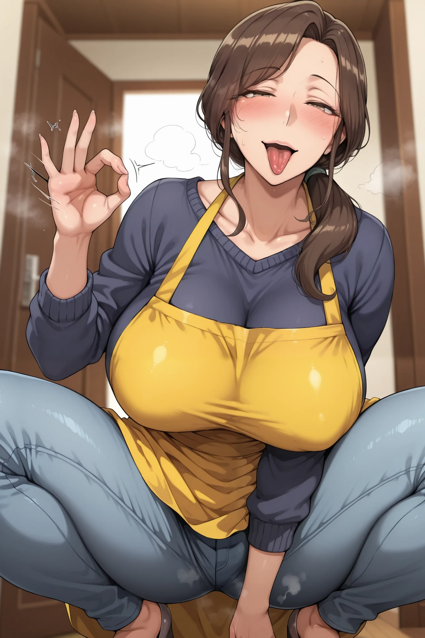 milf,40 years old,house wife,yellow apron,dark blue sweater,dark brown hair,handjob gesture,Masterpiece,blush,steam,squatting, spread legs,seductive smile,stick out tongue,denim pants,entrance
