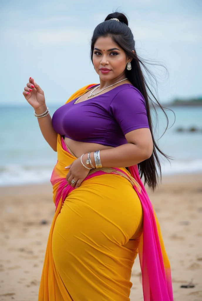 (((desi girl))), chubby face, natural skin, wearing hot deep neck top and dupatta, charming black hair, ((hair ends are blonde)),  Make Her a sexy Gaintess , Her long legs and Gaint  , Gaint ass , sexy hot giantess ((giantess)), Giant art , in Sma city,Her ass bigger than the Skyscrapers