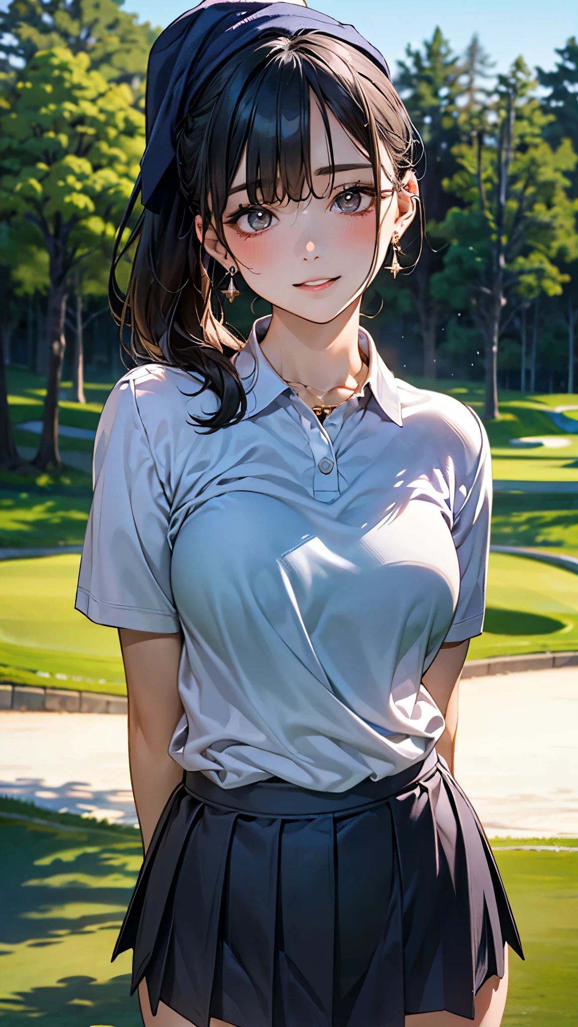 (High quality, High resolution, Fine details), Realistic, woman, golf player, garden, green grass,sporty, athletic physique, confident expression, professional golfer, elegant pose, fashionable outfit, sunlight, leaves rustling in the wind, leisurely atmosphere, scenic beauty, summer morning, solo, curvy women, sparkling eyes, (Detailed eyes), (smile), blush, (Sweat), (Oily skin), shallow depth of field