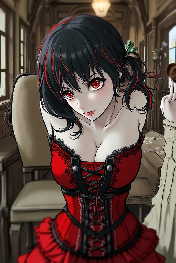 Fille,Vampire,red eye,Longs cils,cheveux noirs,chemise noire,short en jean,in a castle.