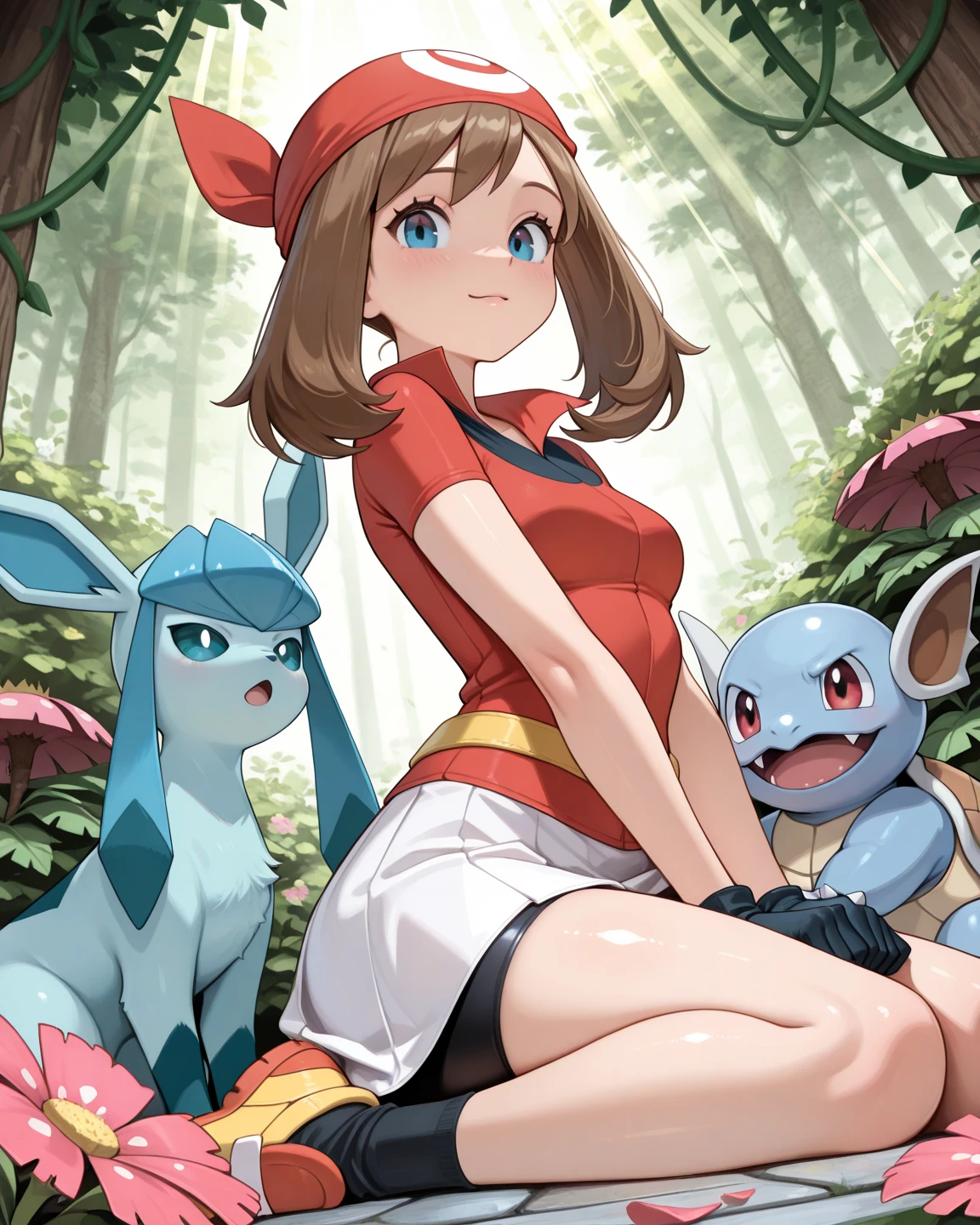 A determined cute woman pokemon trainer, tosses out her pokeball summoning a confused naked woman in pokemon boots and ears, crowded park in daytime. The trainer yells 'Milafachu! I choose you!' in a chat bubble