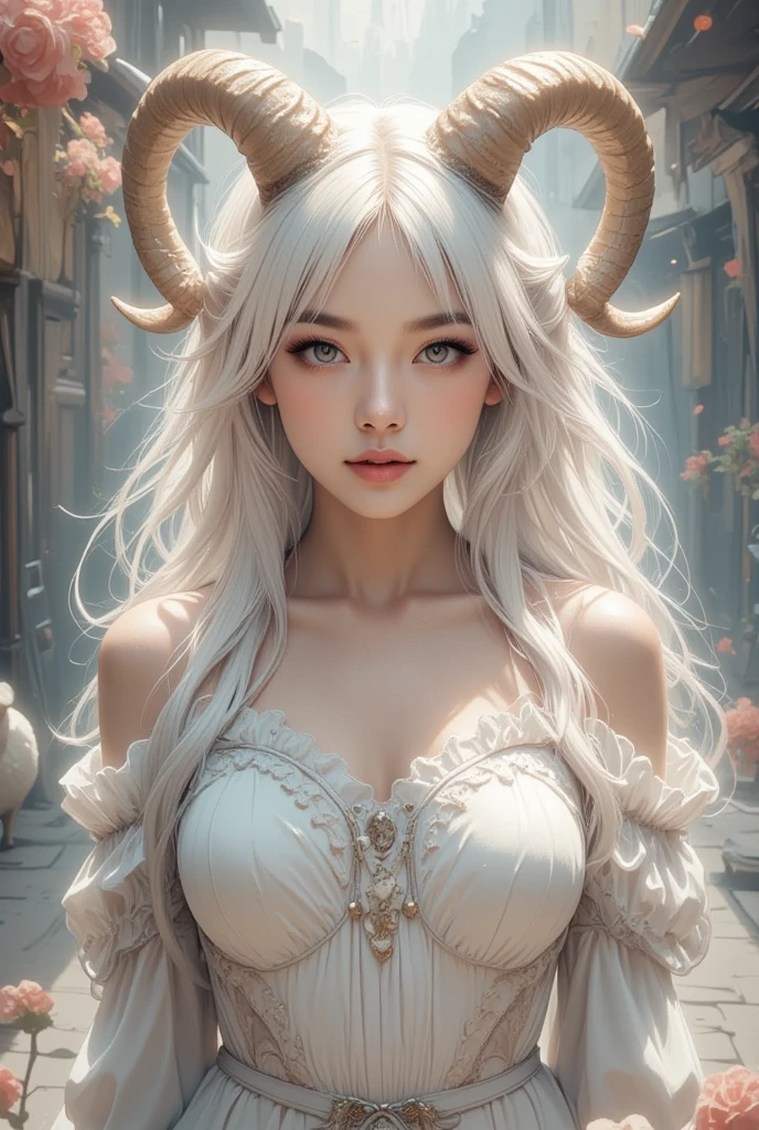 3D render of a cinematic shot of a sexy, sensual female character with extremely long neon white ultra-realistic hair. She hasgold-silver eyes and two white curled horns protruding from her head. She wears a white/gold gown and has a sensual expression on her face. The character stands in front of a stone archway that leads to a wooden door. 24K, The setting appears to be a dimly lit, old stone structure,
