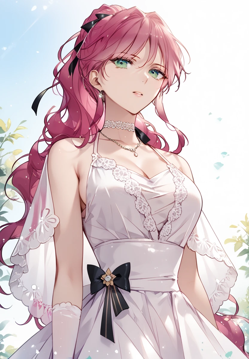 A girl ，Light pink cherry blossom dress，High Ponytail，Big red hair，Bright red hair，big eyes，Blush on face，Slight blush on the face，Shy expression，Hands behind your back，little cherry mouth，Full body shot，Stand among the flowers，There are many trees around. The plump breasts are tightly wrapped. The finger details are beautifully manicured. Big breasts