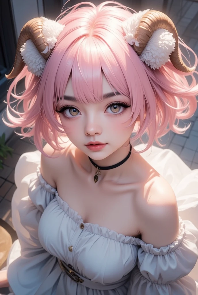 IMVU, pink hair, pink heart eyes, whupale skin, white and pink cow ears, white horns with pink bows, fuzzy white jacket with pink spots, pink cowbell choker, kawaii, soft, high quality, masterpiece, 8k