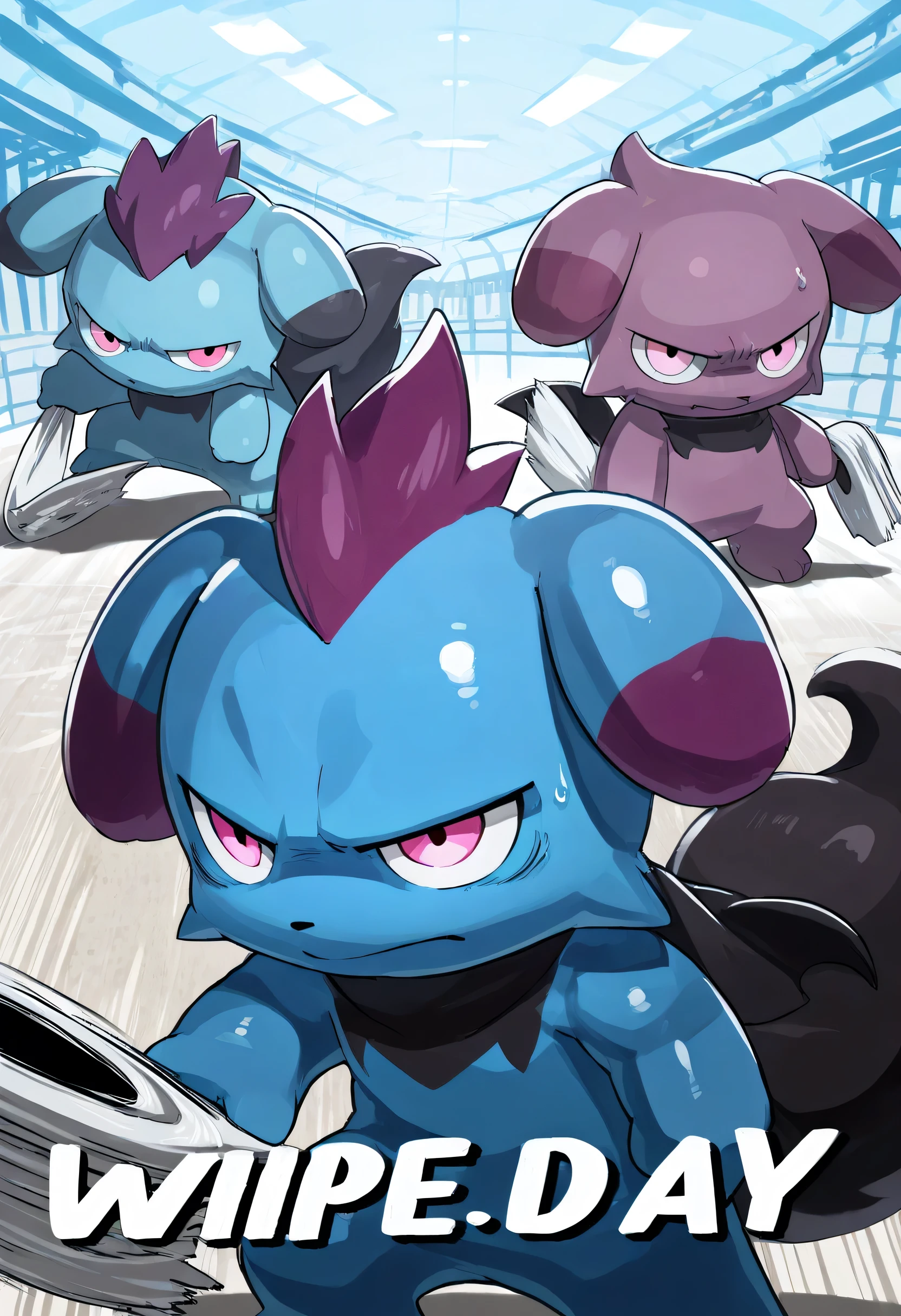 score_9, score_8_up, score_7_up, Depresso, blue body, purple hair, pink eyes, black tail, (((wipe day)))