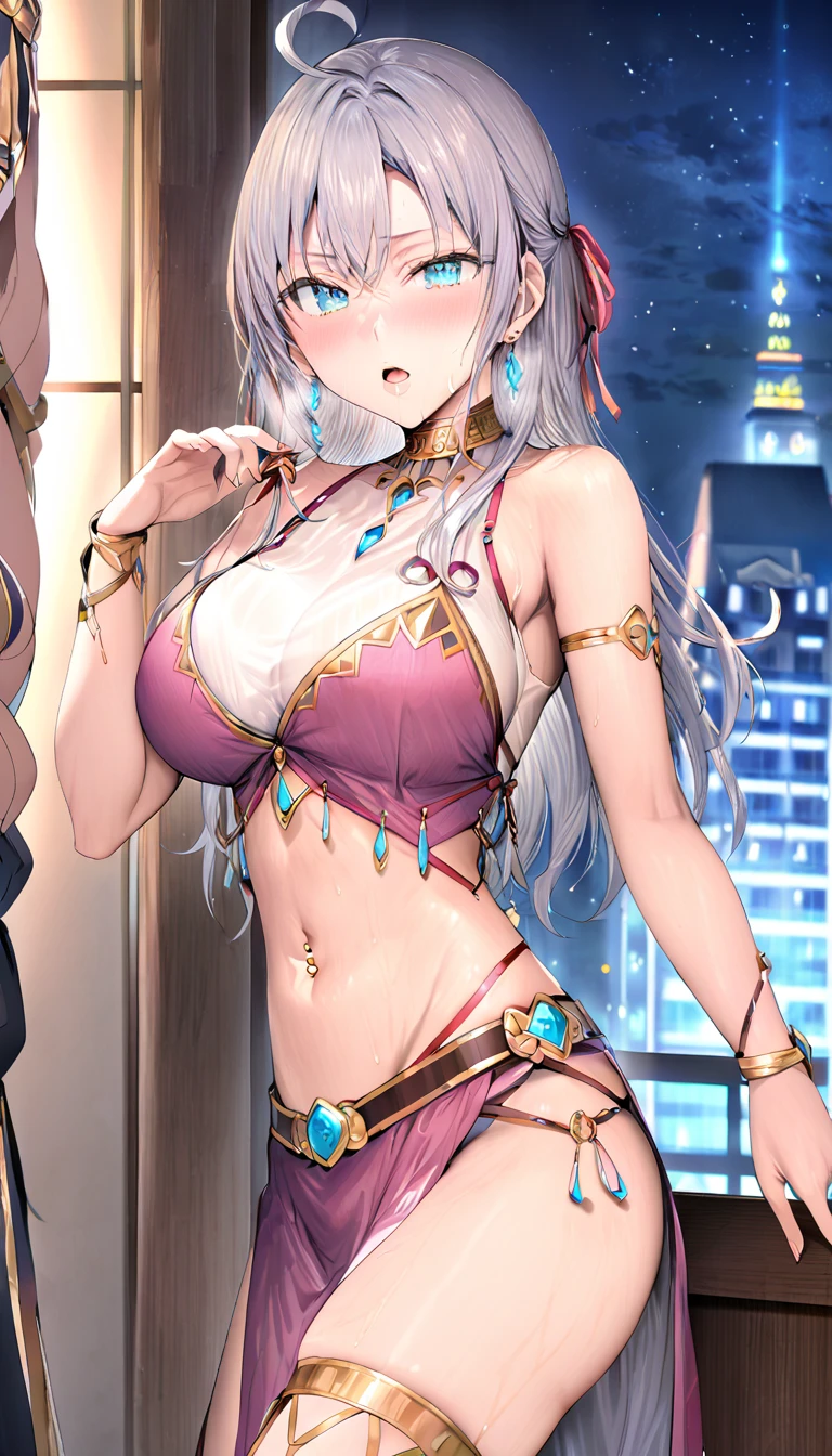 high quality, ultra detailed, best quality, insanely detailed, beautiful, masterpiece, 1girl, medieval plaza, cowboy shot, red eyes, long hair, purple hair, belly dancer, circlet, earrings, armlets, bracelets, bashful smile, large breasts, cleavage, soft stomach