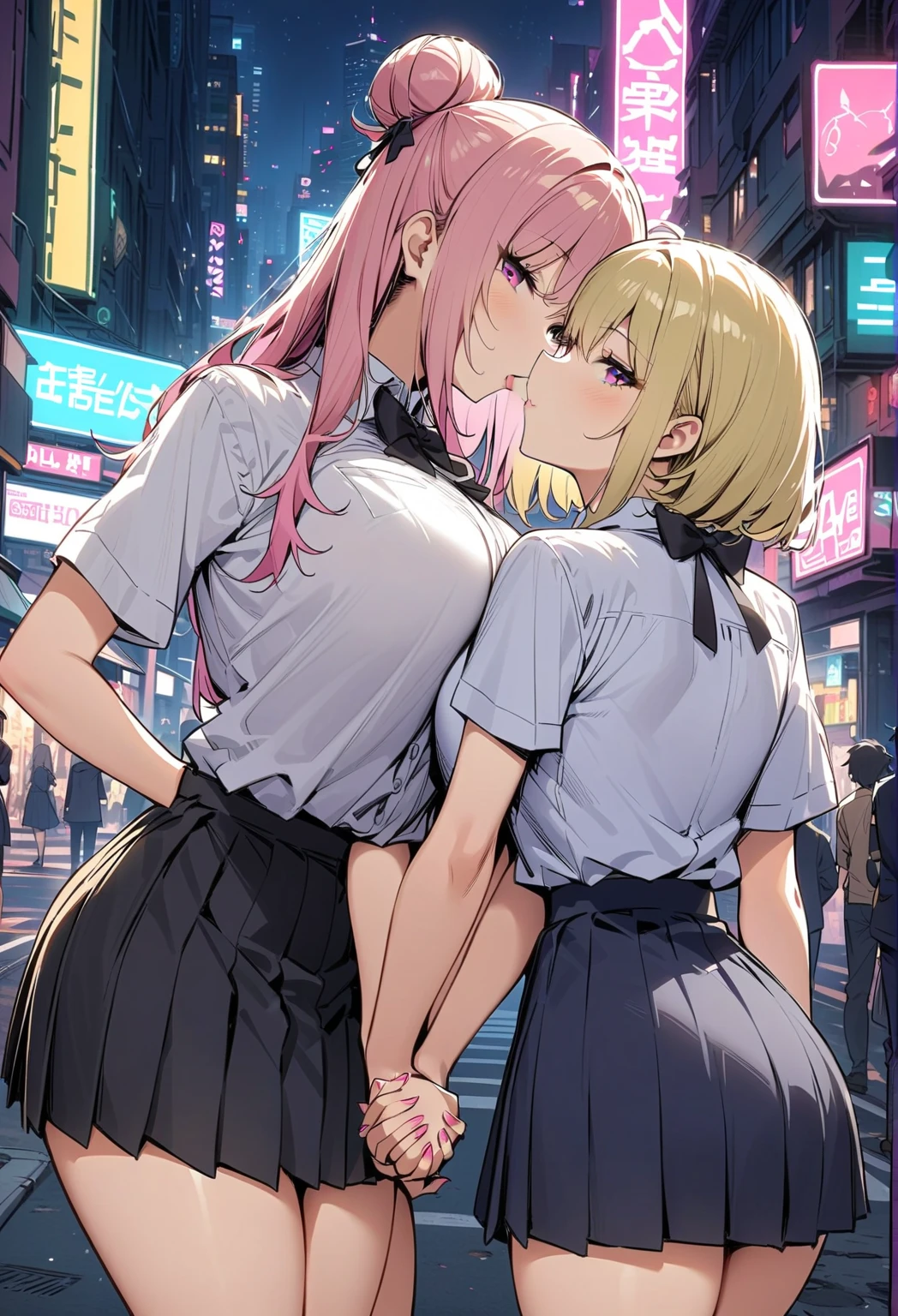 masterpiece, Highest quality, High resolution, ＪＫ,huge tit,One girl,black bow,black bowtie,Blonde,bow,bowtie,chest,Hair Bun,Hand in hand,Intertwined fingers,Long Hair,View your viewers,1人のboy,boy,hug,Pink Hair,pleated skirt,Tucked in shirt,short hair,skirt,smile,Tent shirt