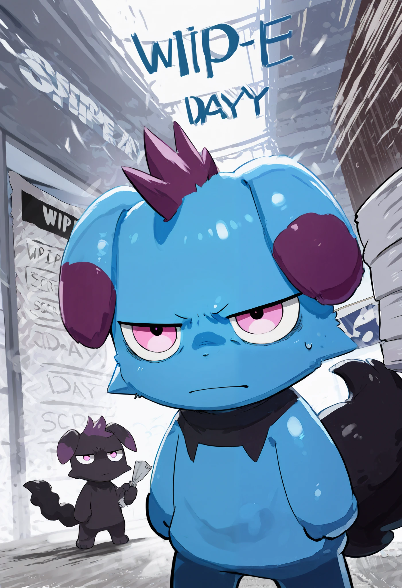 score_9, score_8_up, score_7_up, Depresso, blue body, purple hair, pink eyes, black tail, (((wipe day)))