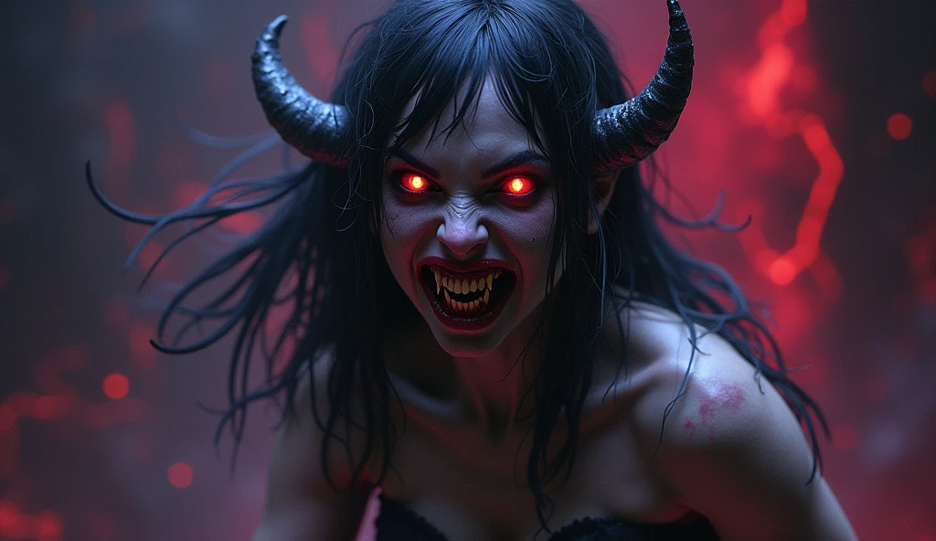 "Create an image depicting a very beautiful woman practicing dark magic. She has striking features and goat horns on her head. The scene is very dark and ominous, with shadows and an eerie atmosphere. The woman is surrounded by blood, adding to the macabre setting. Her expression is alluring and seductive, inviting the viewer to come closer. The overall mood of the image is one of dark allure and sinister enchantment, emphasizing the woman's powerful and captivating presence."