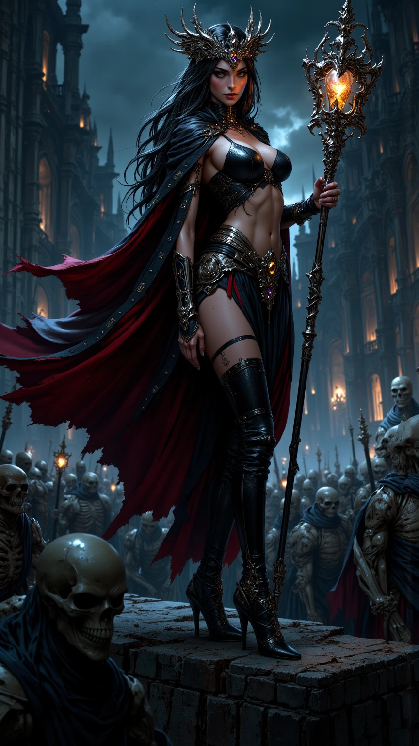 A sexy satanic woman surrounded by demonic people in a sinister and mysterious Gothic village